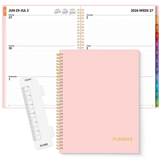 SUNEE Academic Planner 2026-2027 – Weekly & Monthly Planner, July 2026 to June 2027, 8.5"x11", Thick Paper, Tabs, Pockets, Bookmark, Spiral-Bound, Student Teacher Organizer, Pink