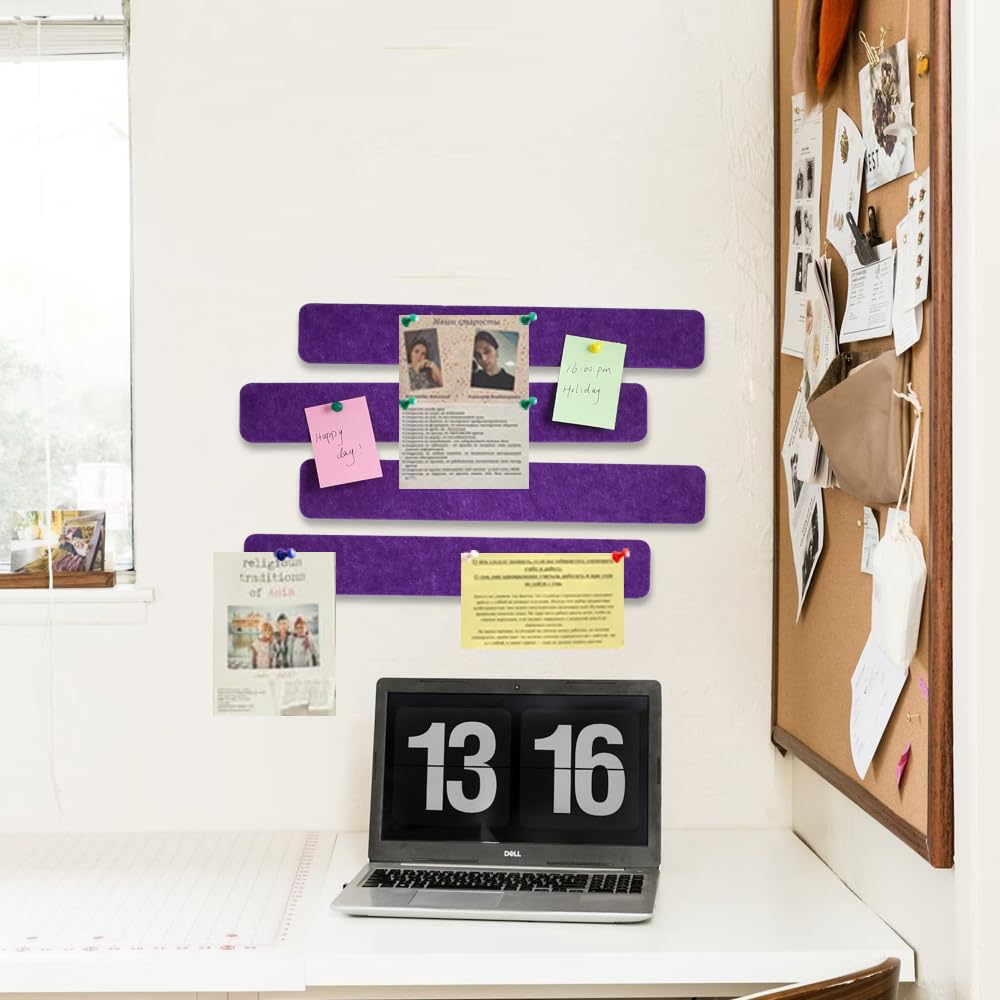 Vuzvuv 8 pcs Bulletin Board Bar Strips with 50 Pushpins & 10 Wooden Clip pins，Self Adhesive Cork Board for Wall，Felt Pin Board for School，Office Decor(Purple)