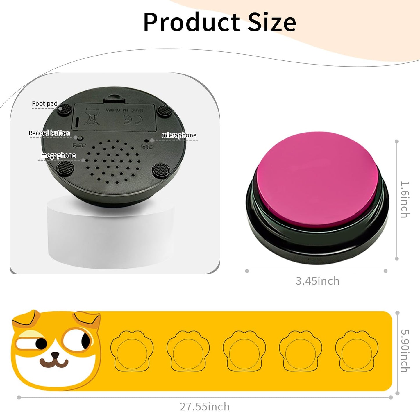 RIBOSY Dog Buttons for Communication, 5 Pcs Dog Speech Training Buzzers with Non-Slip Rubber Pad and 50 Stickers, 30 Seconds Voice Recording Button for Pet to Voice What They Want (Battery Included)