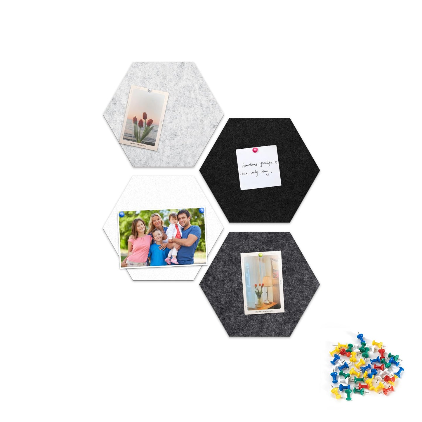 Uoisaiko 4 Pack Hexagon Felt Bulletin Board Tiles - 12" Large Thick Pin Board for Walls with 30 Push Pins, DIY Boards for Office Home School Decor, Aesthetic Hex Cork Board Alternative