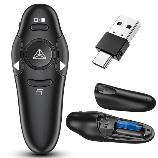 2-in-1 USB Type C Presentation Clicker Wireless Presenter Remote Clicker for PowerPoint Presentations with Clicker, RF 2.4GHz USB C PowerPoint Clicker Slide Advancer for Computer/Mac/Laptop
