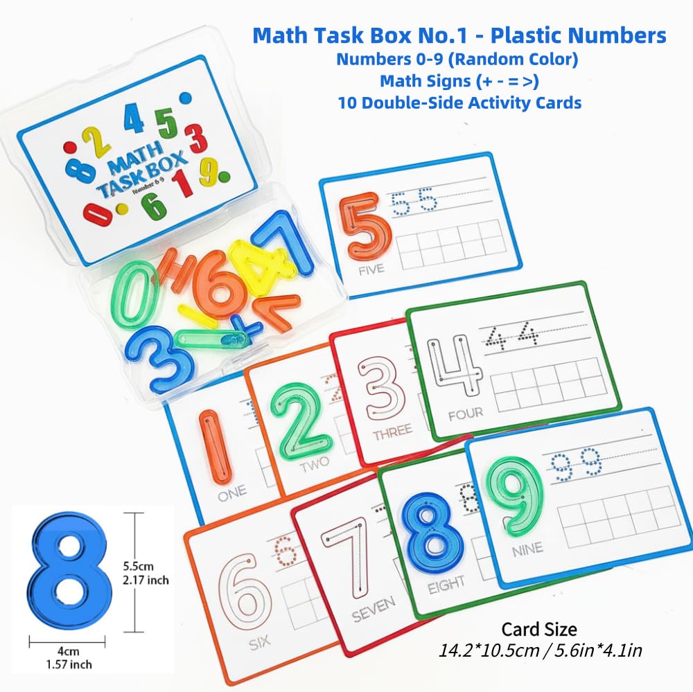 Math Task Boxes Set of 5 Math Manipulatives Themes 230+ Pieces of Number Rods, Base Ten Blocks, Ten Frame Disc Counters, Place Value Blocks, 0-9 Numbers, 3D Shapes, Counting Blocks Activity Cards