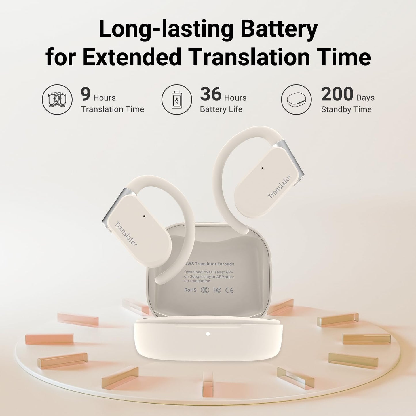 ANFIER M9 Language Translator Earbuds Open-Ear Headphones Support 144 Languages & Accents Translation Earbuds Real Time Translator Device, Snug Fit, Ergonomic Ear Hooks Beige (Without Offline Package)
