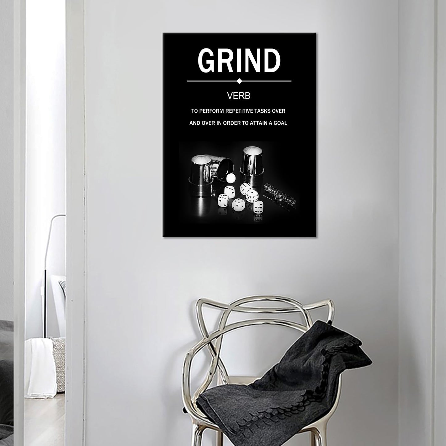 YSPCSUN Inspirational Wall Art for Office Decor Grind Verb Canvas Prints Framed Motivational Posters Success Quotes Artwork with Dice Pictures for Gym Men Bedroom Living Room 24x18 Inch