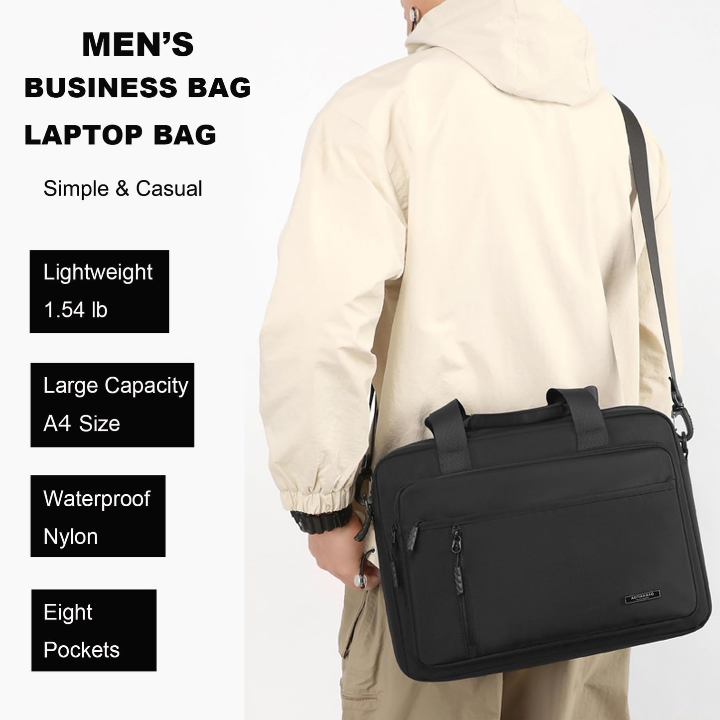 natyrlpog Laptop Bag 14 Inch Briefcase for Men Women Waterproof Nylon Lightweight, Shoulder Messenger Handbag for Business Office Work Travel College Black