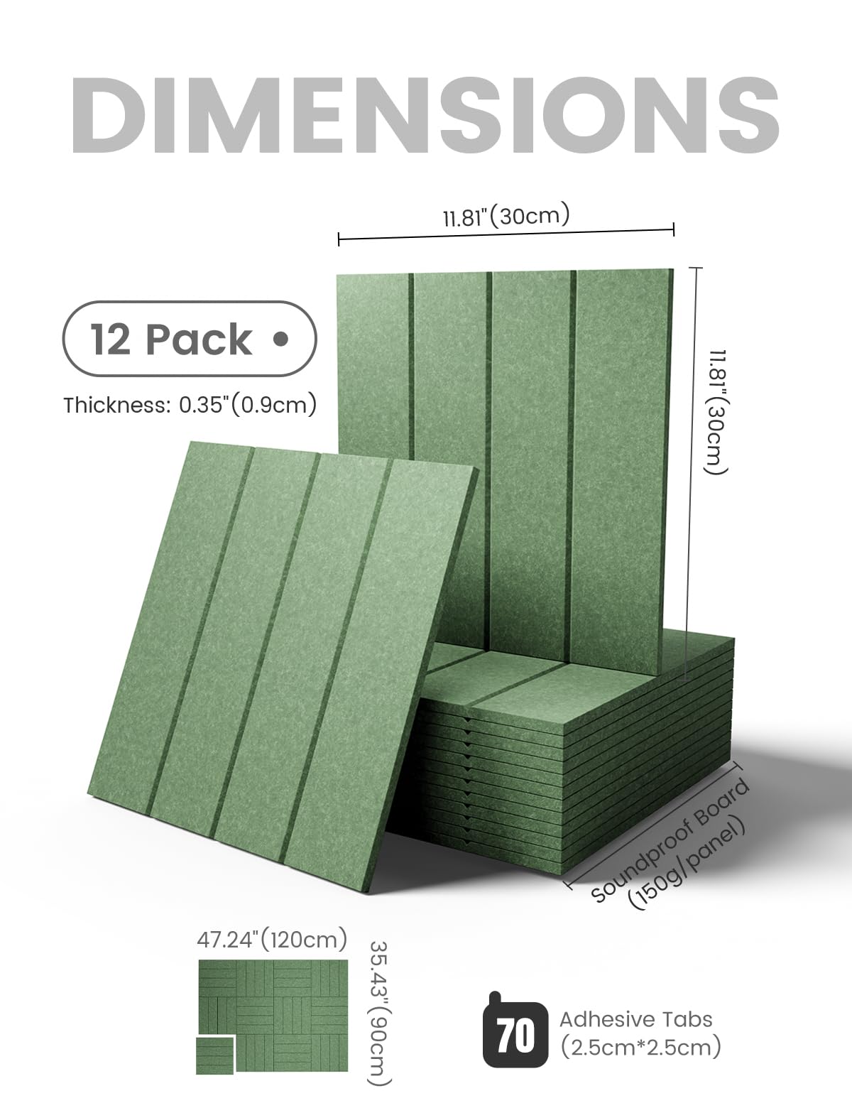 Large Felt Bulletin Board 48" x 36" Cork Board Alternative-12 Pack with 70 Safe Removable Adhesive Tabs, Cork Boards for Walls Felt Board for Home Office Classroom Pin Board-Moss Green