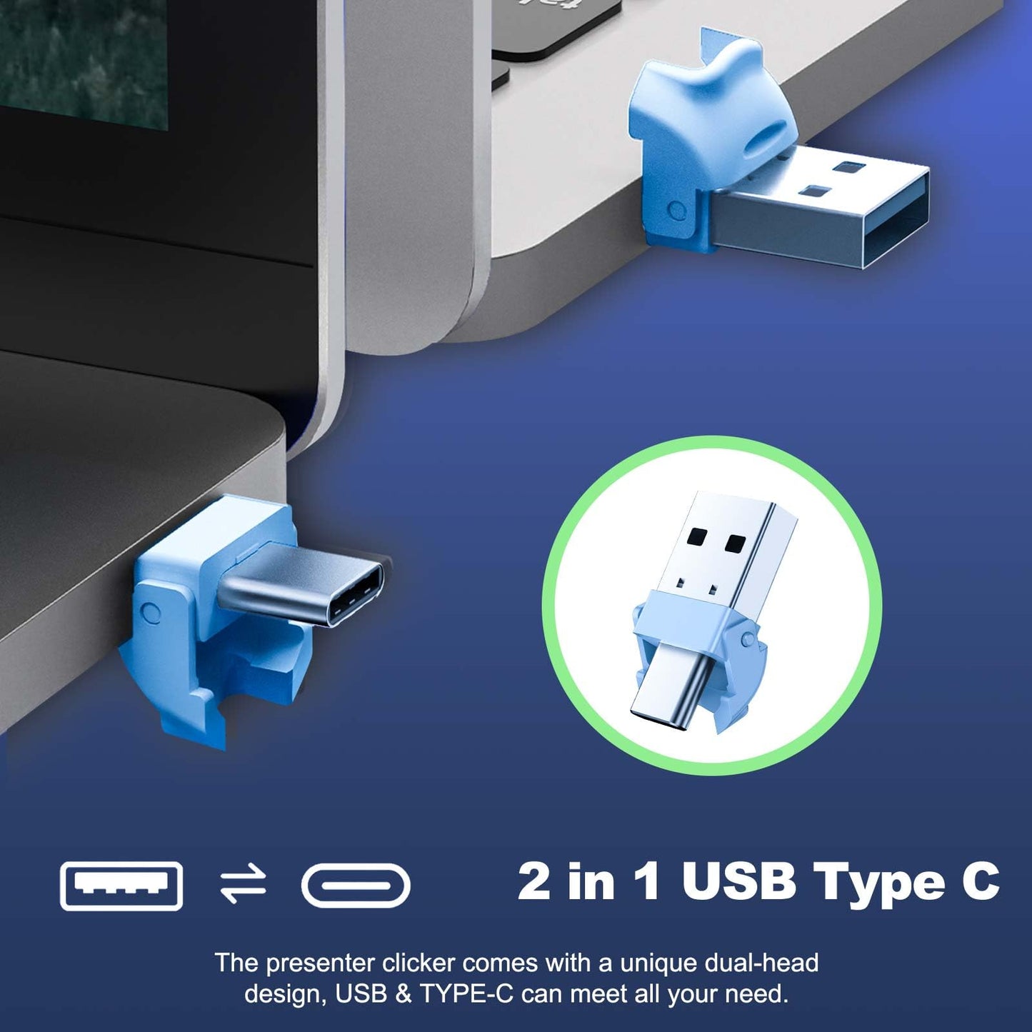 QUI Presenter Clicker USB A&C Bundle | BK600 Slim-Shaped Blue & BQ100 Remote-Shaped Pink