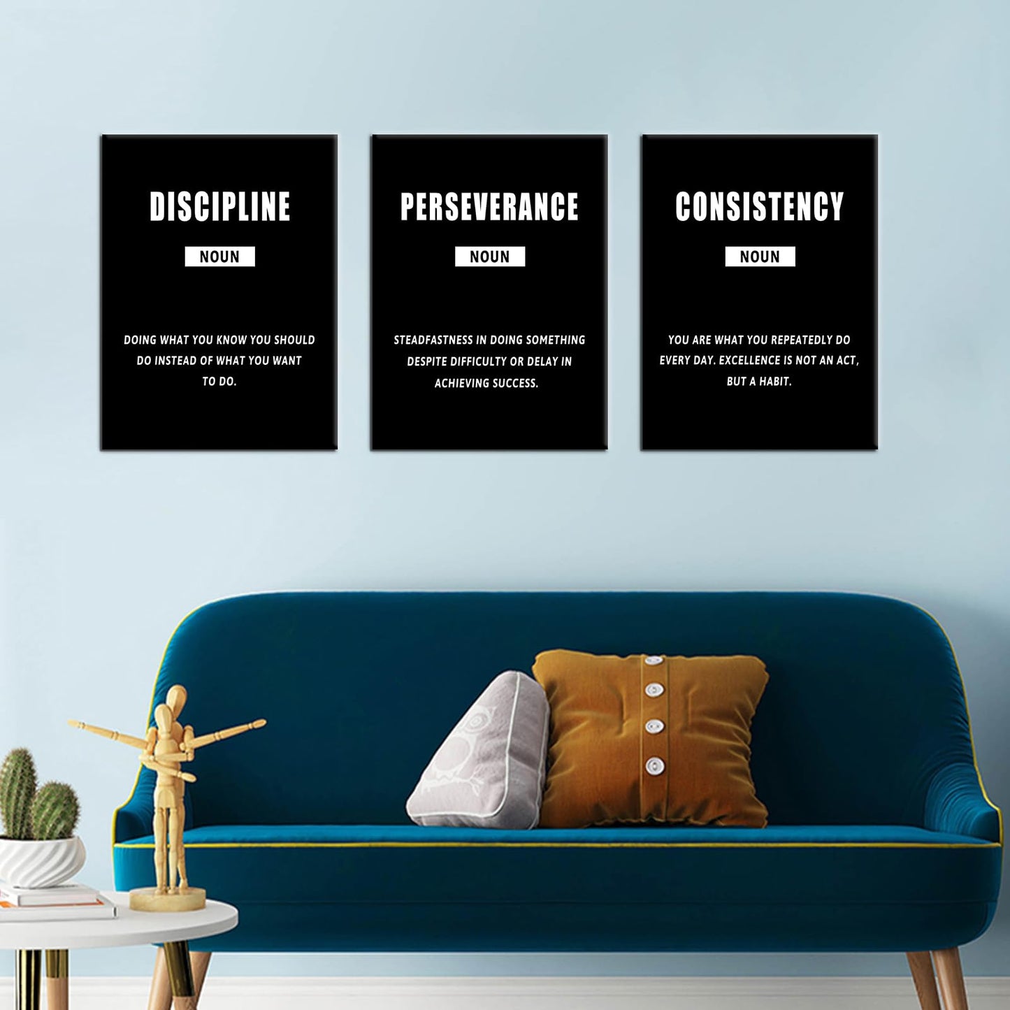 PSYYSP 3 Piece Canvas Wall Art Perseverance Discipline Consistency Posters, Black White Motivational Triptych Wall Decor for Office, Bedroom, Dorm, Framed Canvas 36x16inch