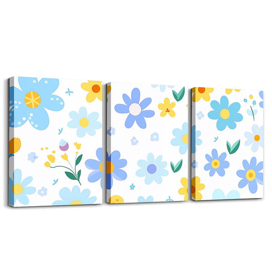 Feelyou Cute Flower 3 Piece Canvas Wall Art for Living Room Bedroom Cartoon Cute Floral Office Decor Artwork Blue Yellow Wall Art for Home Decor Kawaii Picture Posters