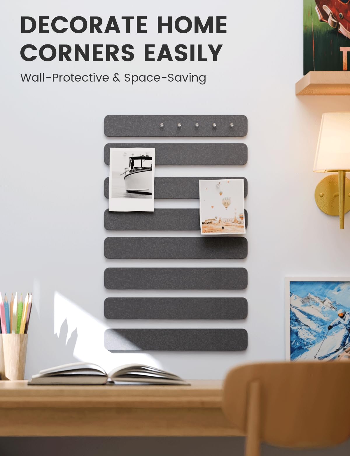 Fluxynara Cork Board Alternative Felt Strip Board 8-Pack 13"x2", Office Pin Board with 50 Push Pins, Adhesive Install for Bedroom Door & Home Office (Charcoal Gray)