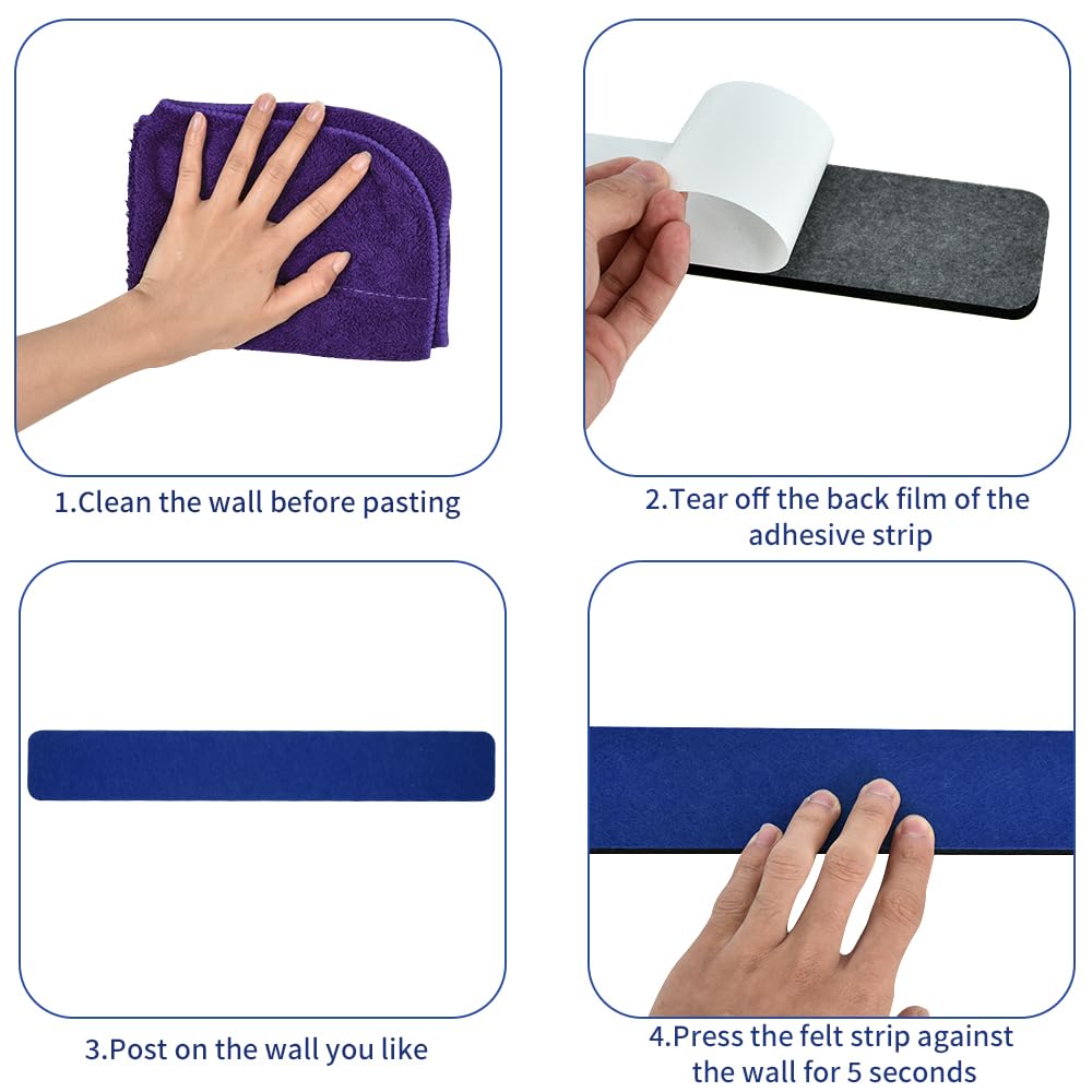 Vuzvuv 8 pcs Bulletin Board Bar Strips with 50 Pushpins & 10 Wooden Clip pins，Self Adhesive Cork Board for Wall，Felt Pin Board for School，Office Decor(Dark Blue)