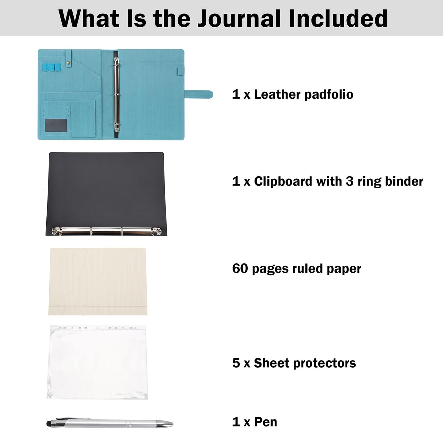 Wonderpool A4 PU Leather Portfolio Holder Ring File Document Case with Removable Binder Clipboard, Multi Pocket and Legal Pad for Business Organizer Interview and Meeting (Light Blue)