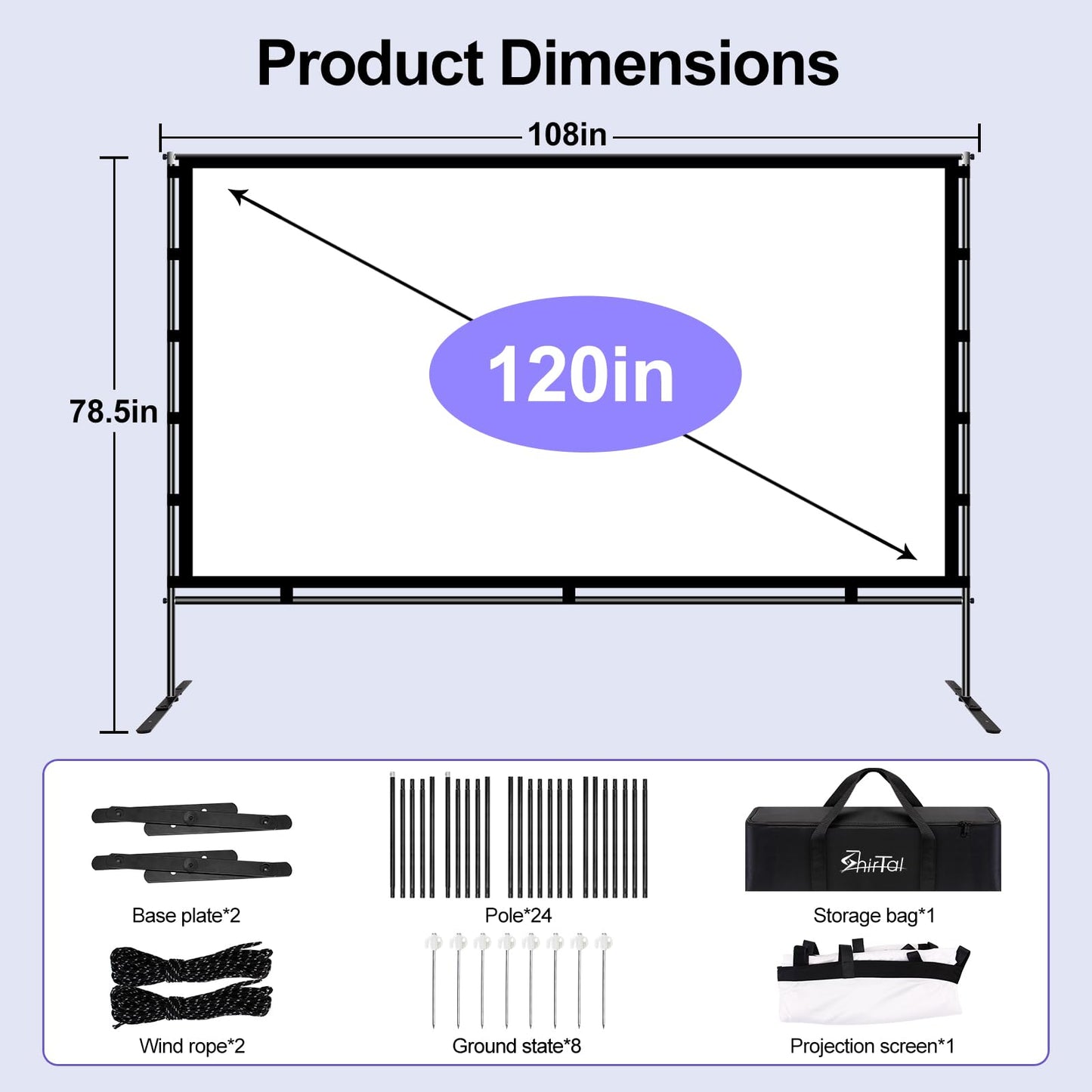 Shirtal Projector Screen with Stand,Portable 120 Inch Indoor Outdoor Projector Screen,16:9 4K HD Anti-Crease Movie Screen with Carry Bag for Home Backyard,Theater,Camping