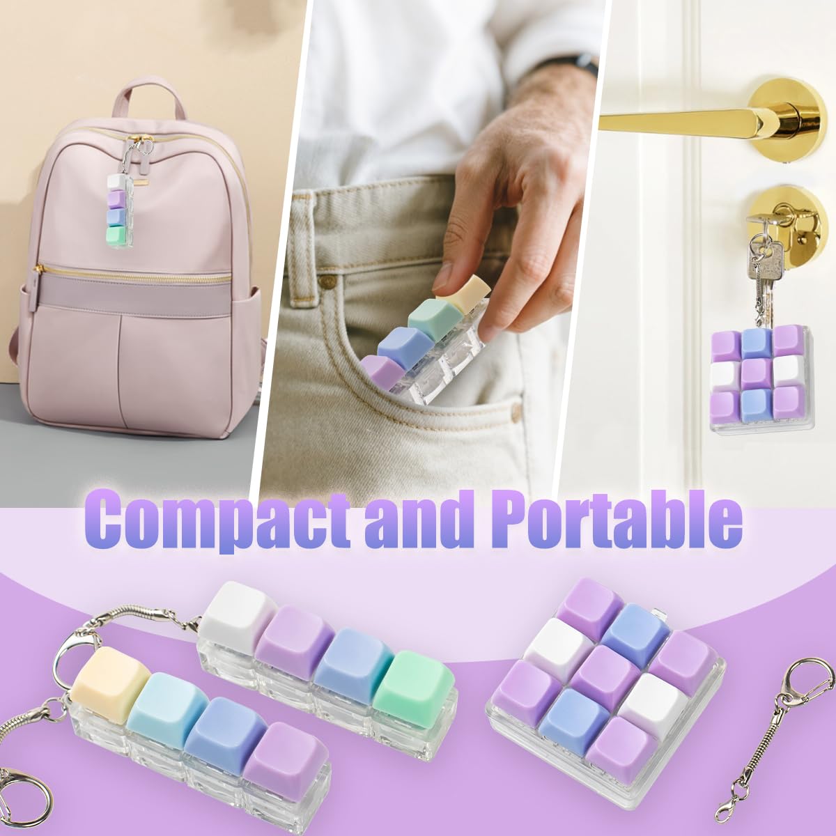 3 Pcs Keyboard Fidget Toy, Purple Loud Fidget Keyboard Keychain 4-in-1 Keyboard Clicker Fidget Toy Stress Relief, 9Key Fidget Clicker Toys for Anxiety Decompression, Purple