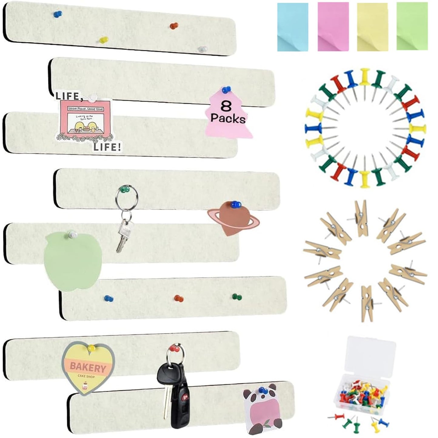 Vuzvuv 8 pcs Bulletin Board Bar Strips with 50 Pushpins & 10 Wooden Clip pins，Self Adhesive Cork Board for Wall，Felt Pin Board for School，Office Decor(Cream White)
