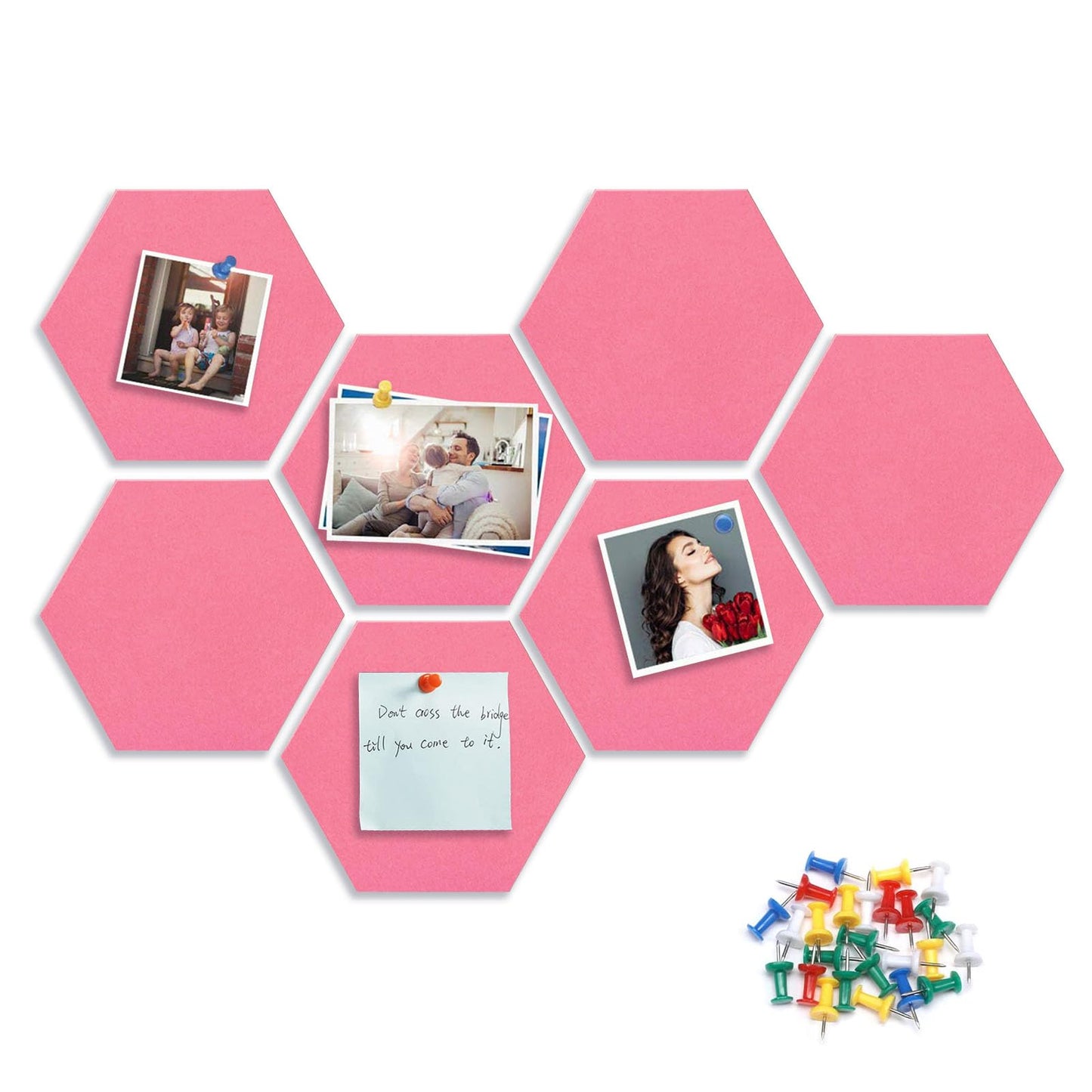 8 Packs Pink Hexagon Felt Pin Board, 12" Bulletin Board with 30 Push Pins, Felt Board for Home Kitchen Office Decor, Self-Adhesive Corkboard Tiles for Walls School Message Photos Memos