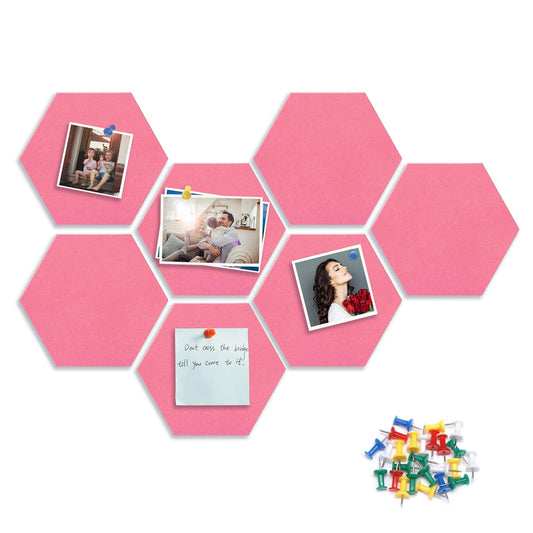 8 Packs Pink Hexagon Felt Pin Board, 12" Bulletin Board with 30 Push Pins, Felt Board for Home Kitchen Office Decor, Self-Adhesive Corkboard Tiles for Walls School Message Photos Memos