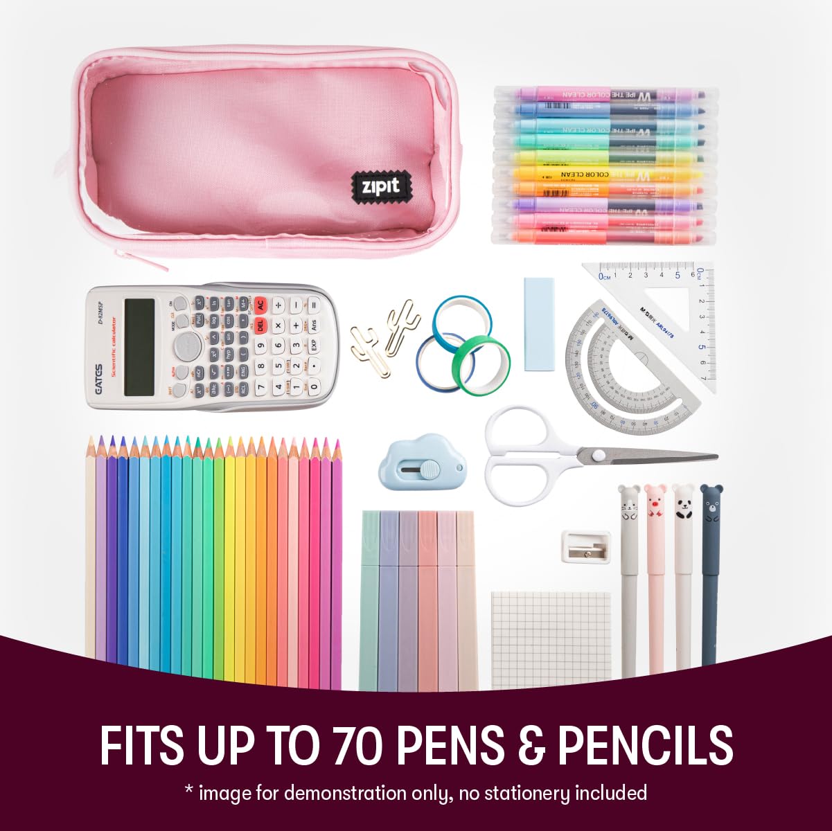 ZIPIT Half & Half Pencil Case for Girls, Aesthetic 3 Compartment Zipper Pouch for School, Stationery Bag for Teen and Adults, Pink