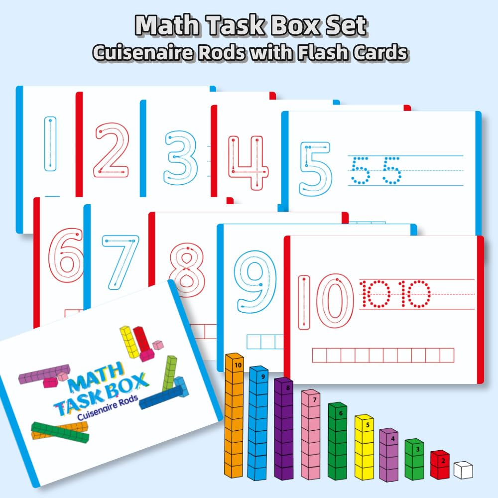 Math Task Boxes Set of 5 Math Manipulatives Themes 230+ Pieces of Number Rods, Base Ten Blocks, Ten Frame Disc Counters, Place Value Blocks, 0-9 Numbers, 3D Shapes, Activity Cards (Number Rods)