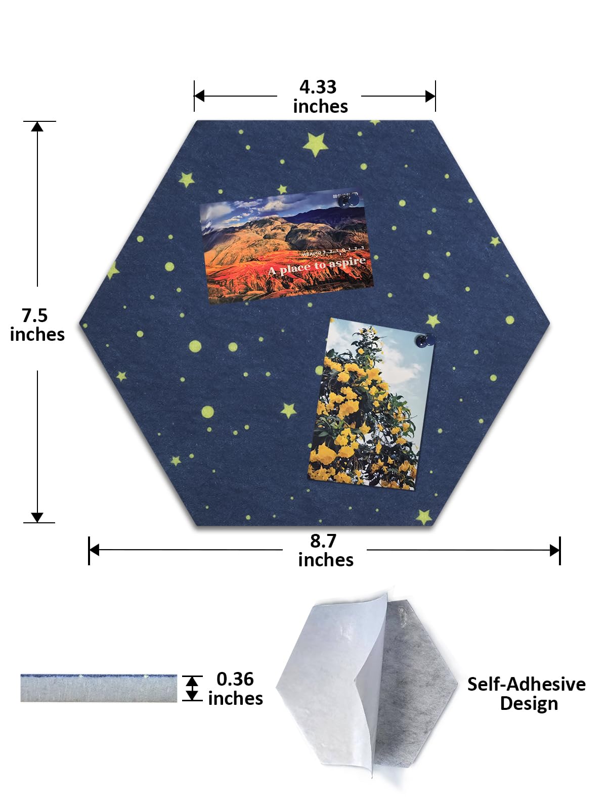Hexagon Felt Bulletin Board Tiles, 8 Pcs, 8.7 x 7.5 inches, with 20 Pushpins, for Easy Display of Photos Pictures Memos Notices, Felt Wall Tiles for Office Home Classroom (Starry Navy)