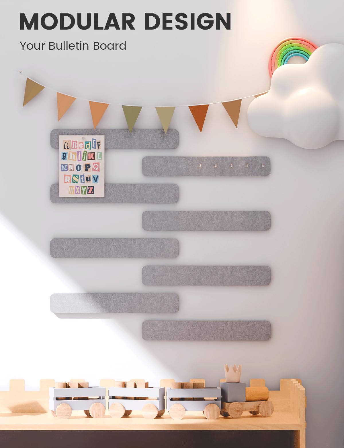 Fluxynara Cork Board Alternative Felt Strip Board 8-Pack 13"x2", Office Pin Board with 50 Push Pins, Adhesive Install for Bedroom Door & Home Office (Soft Gray)