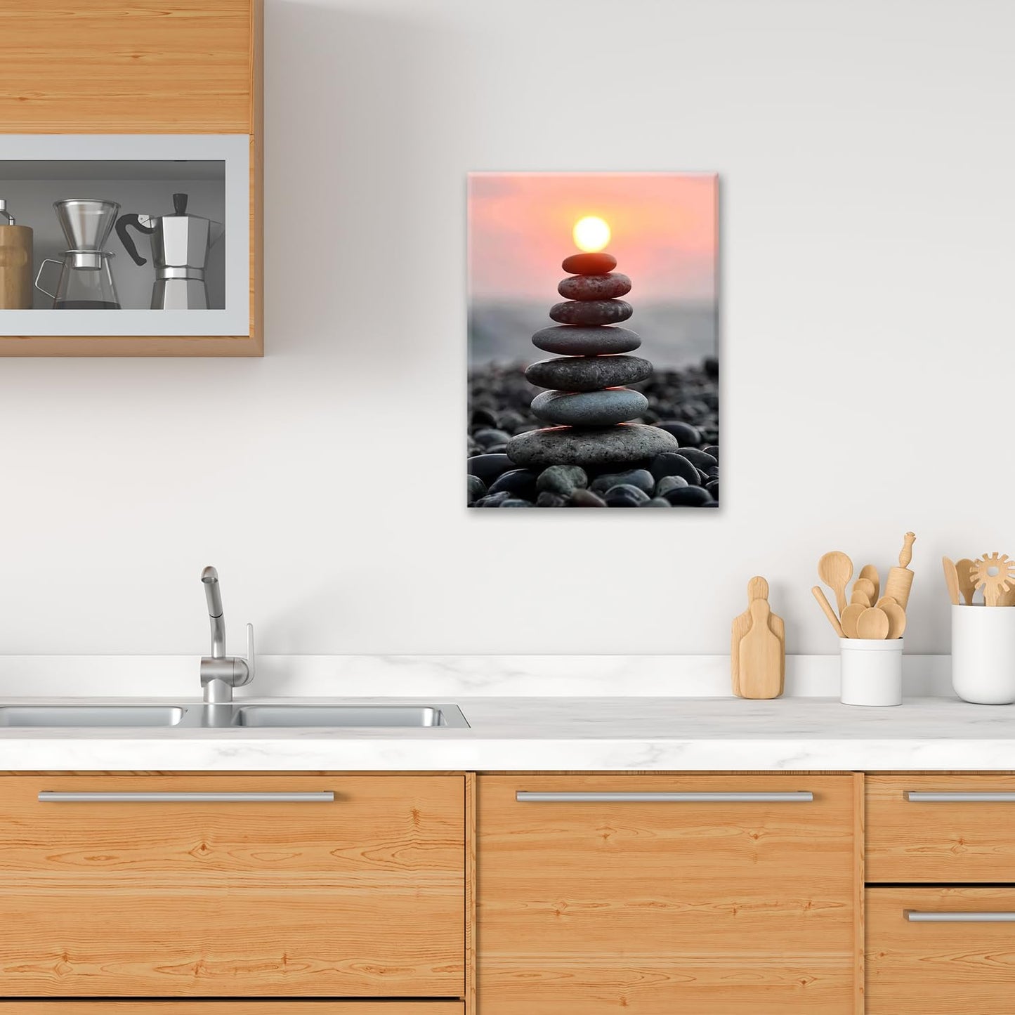 Zen Wall Art Stone Sunrise Pictures Wall Decor Zen Bathroom Decor Canvas Print Framed Artwork Paintings Calming Home Decorations For Spiritual Room Office Living Room Bedroom 12"x16"