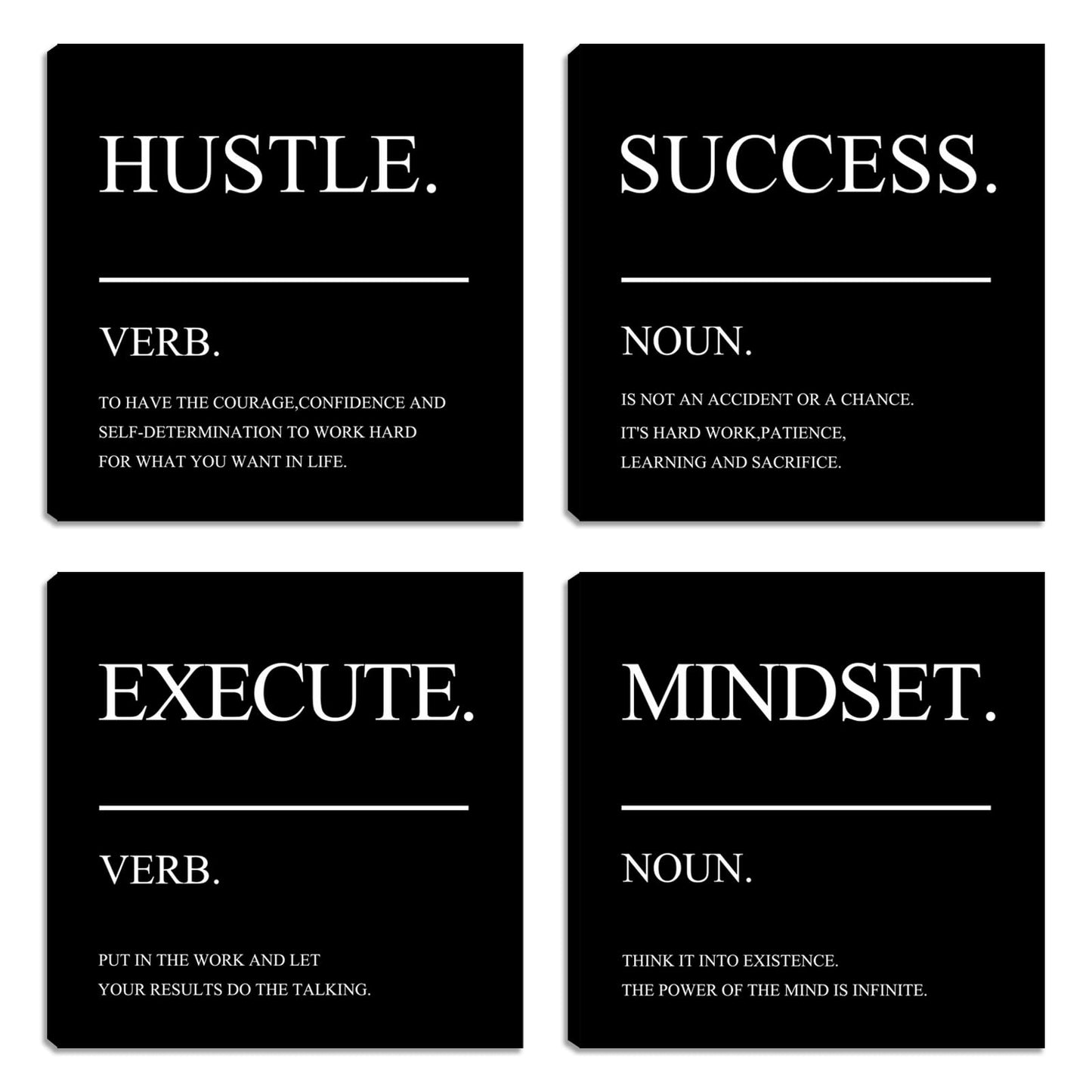 Framed Motivational Wall Art for Home Office - Inspirational Hustle Canvas - Mindset Decor for Living Room, Bedroom, Men's Office - 12"x12"x4PCS