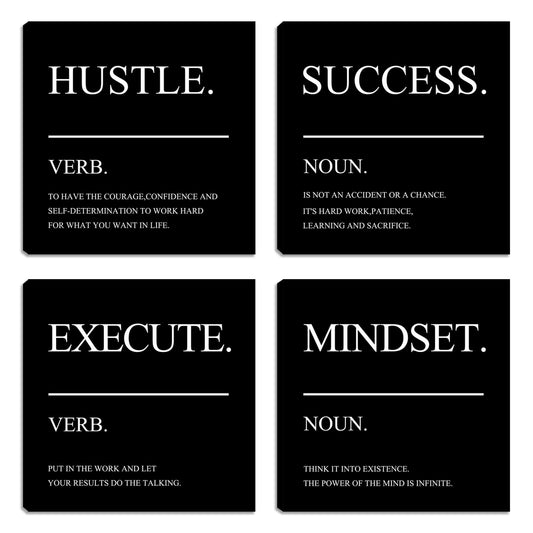 Framed Motivational Wall Art for Home Office - Inspirational Hustle Canvas - Mindset Decor for Living Room, Bedroom, Men's Office - 12"x12"x4PCS