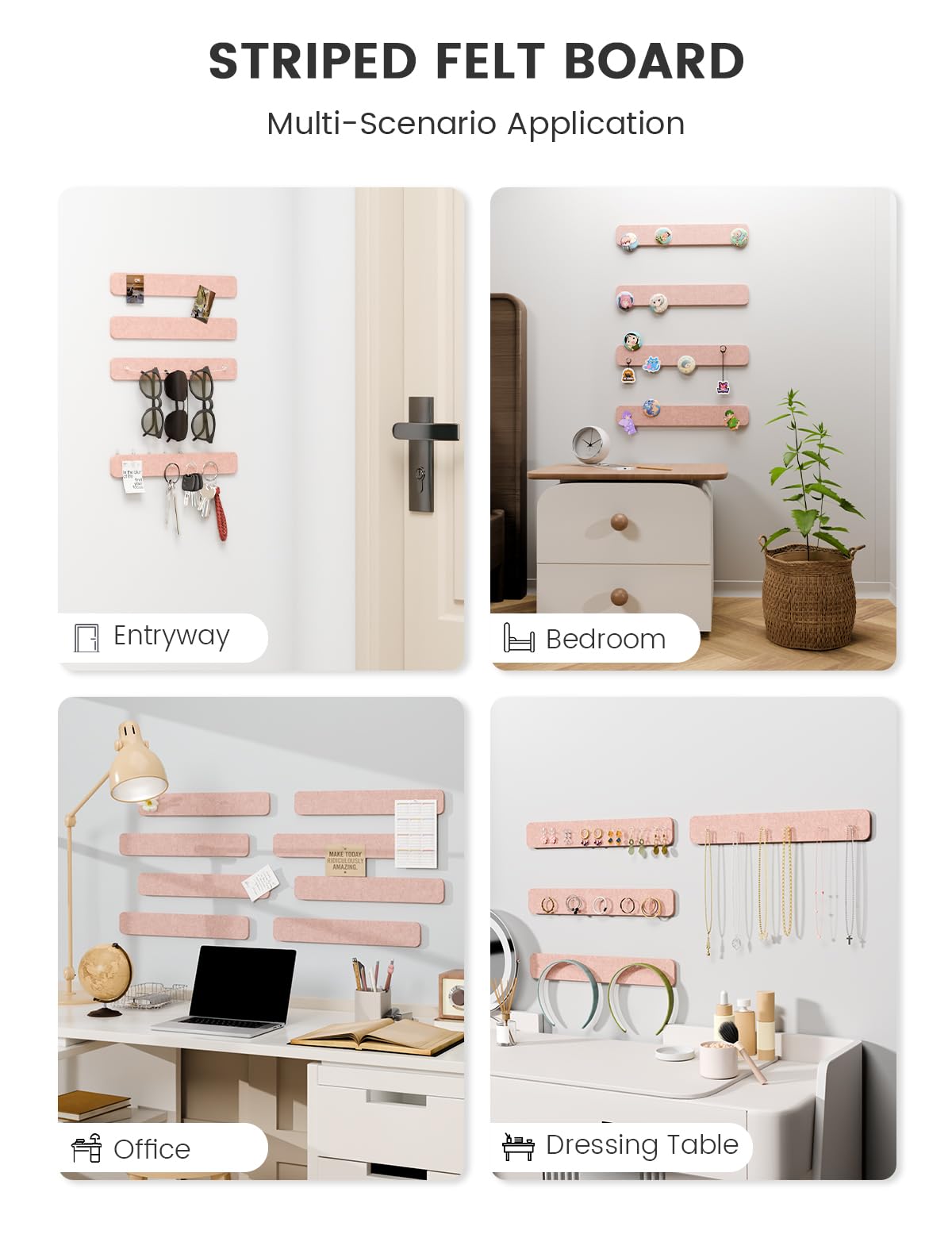 Fluxynara Cork Board Alternative Felt Strip Board 8-Pack 13"x2", Office Pin Board with 50 Push Pins, Adhesive Install for Bedroom Door & Home Office (Pink)