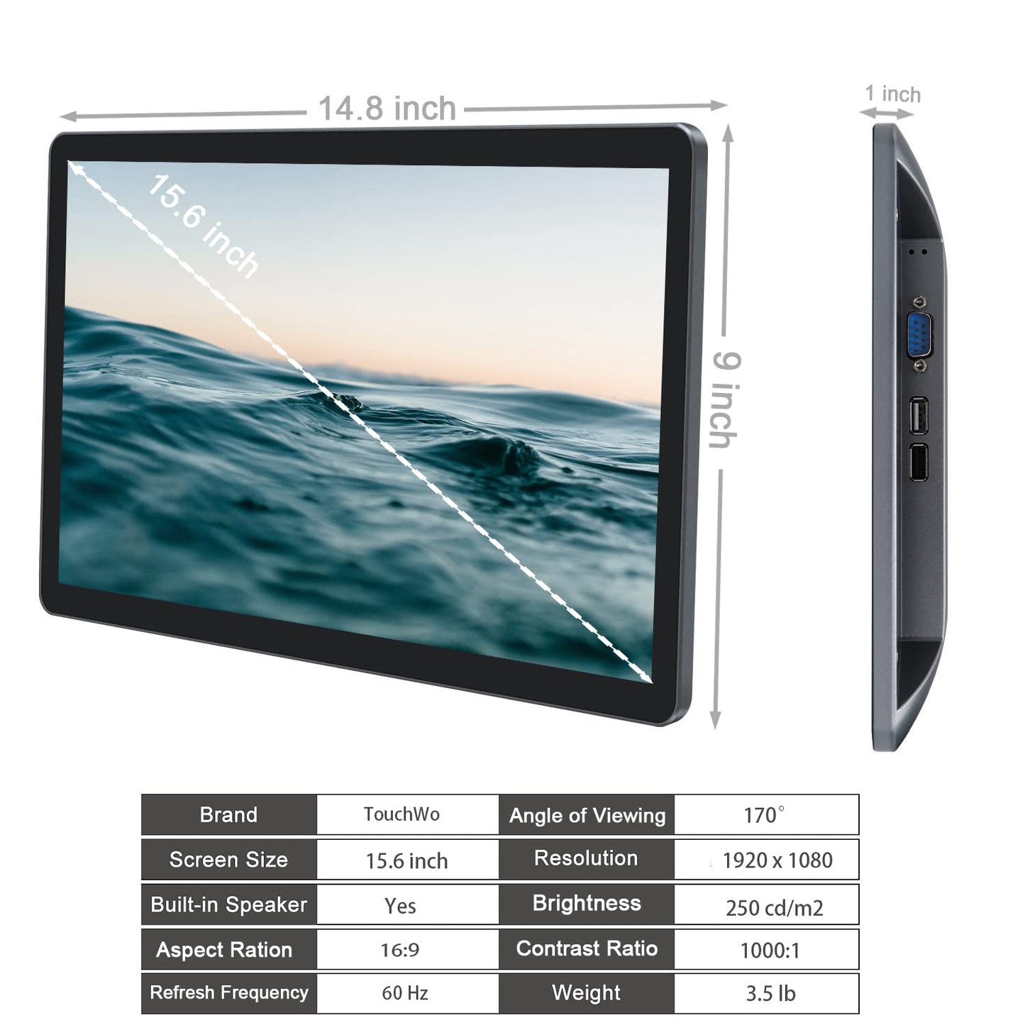 TouchWo 15.6 inch Capacitive Multi-Touch Screen Industrial Monitor, 16:9 Display 1920 x 1080P, Built-in Speakers, VGA & HD-MI Monitor for PC, POS, Small Business, Restaurant