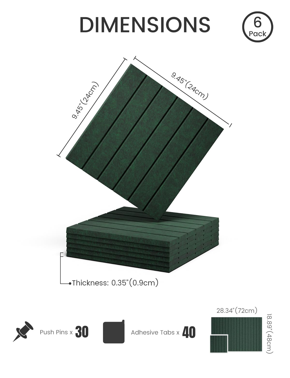 Felt Bulletin Board Tiles -28"x18" with 40 Adhesive Tabs, Cork Board Alternative for Office Decor, Push Pin Board Wall Organizer 6-Pack (Pine Green)