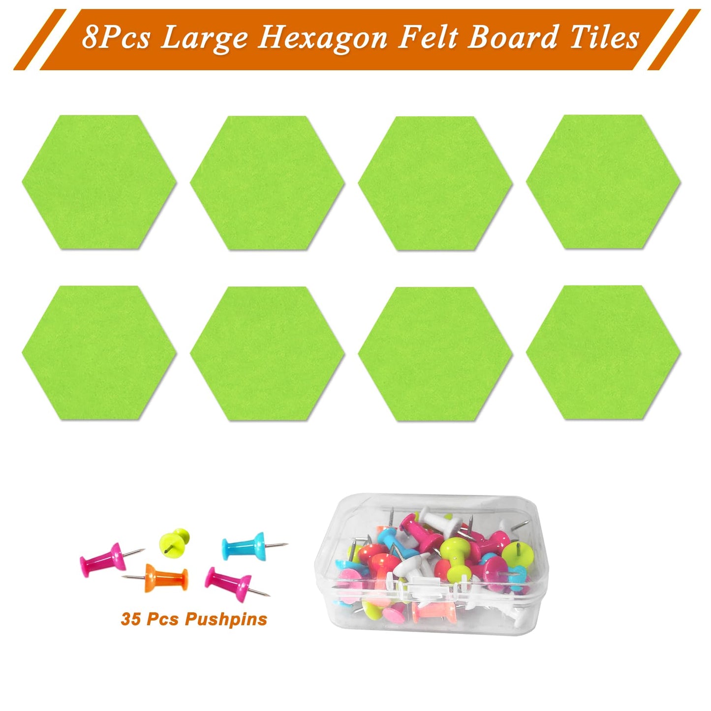 HULAVO Large Hexagon Felt Cork Board Tiles, Self Adhesive DIY Felt Bulletin Board Pin Board with 35 Pushpins for Office School Home Wall Decor Stickers Memos Photos Display(Bright Green)