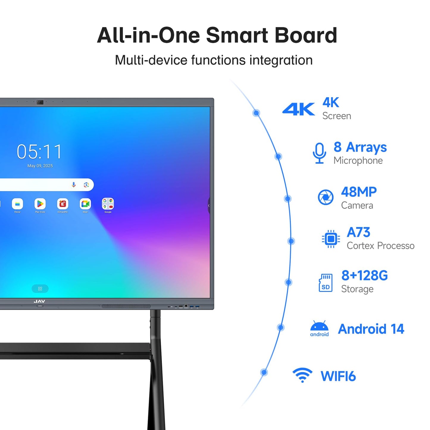 JAV Smart Board Interactive Whiteboard for Classroom Office Home, 4K UHD 8+128GB Touchscreen Smartboard with Built-in EDLA Licensed Android OS & Open App Ecosystem, Wi-Fi & Bluetooth