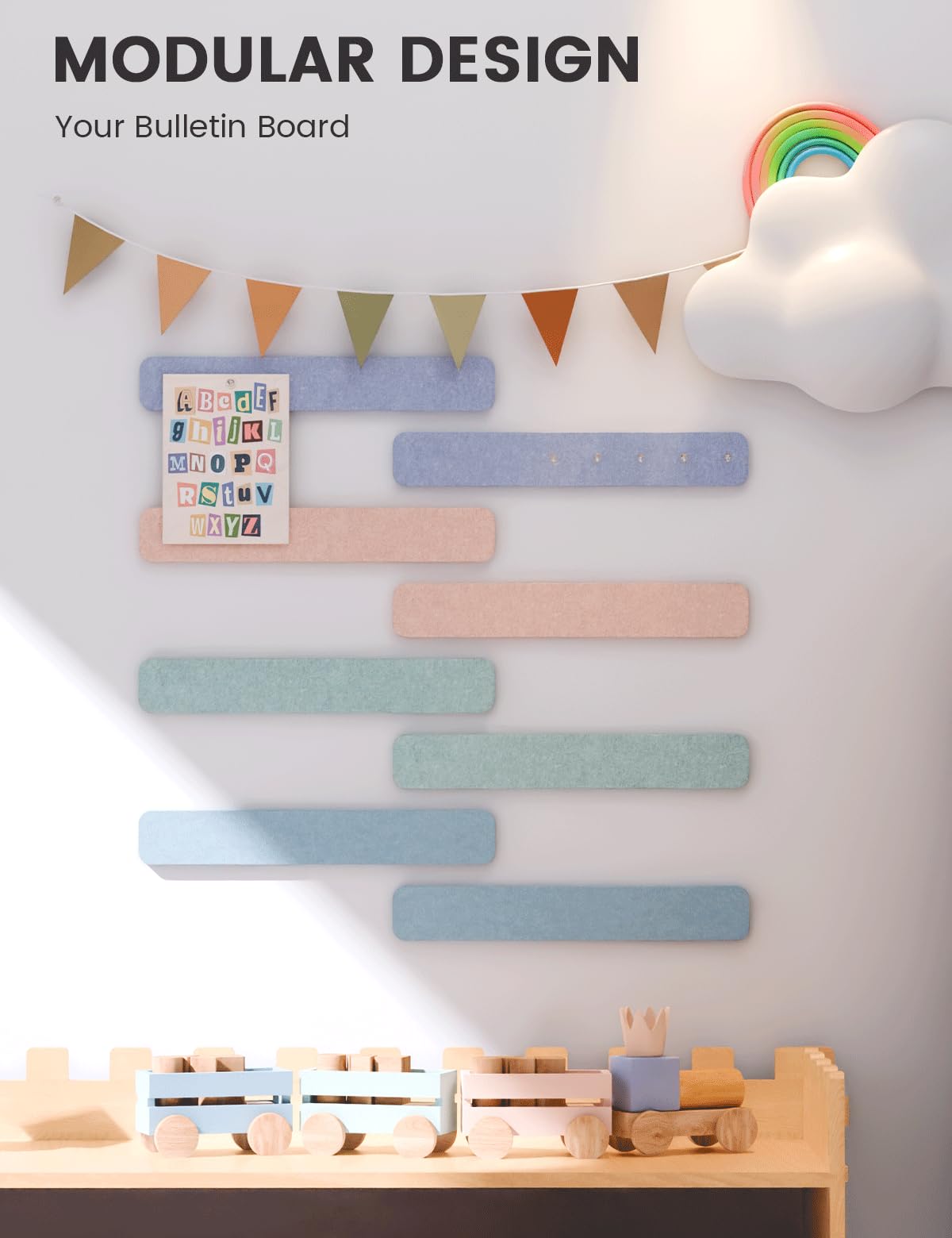 Fluxynara Cork Board Alternative Felt Strip Board 8-Pack 13"x2", Office Pin Board with 50 Push Pins, Adhesive Install for Bedroom Door & Home Office (Coastal Haze)