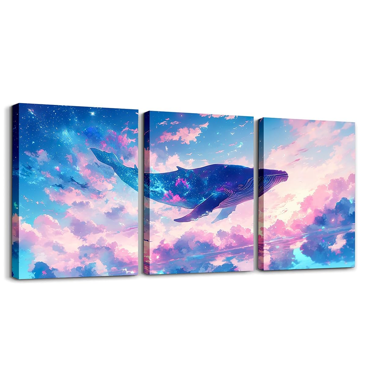 Feelyou Pretty Whale 3 Piece Canvas Wall Art for Living Room Bedroom Pink Blue Galaxy Wall Art for Home Decor Ocean Animal Office Wall Decor Nebula Wall Painting