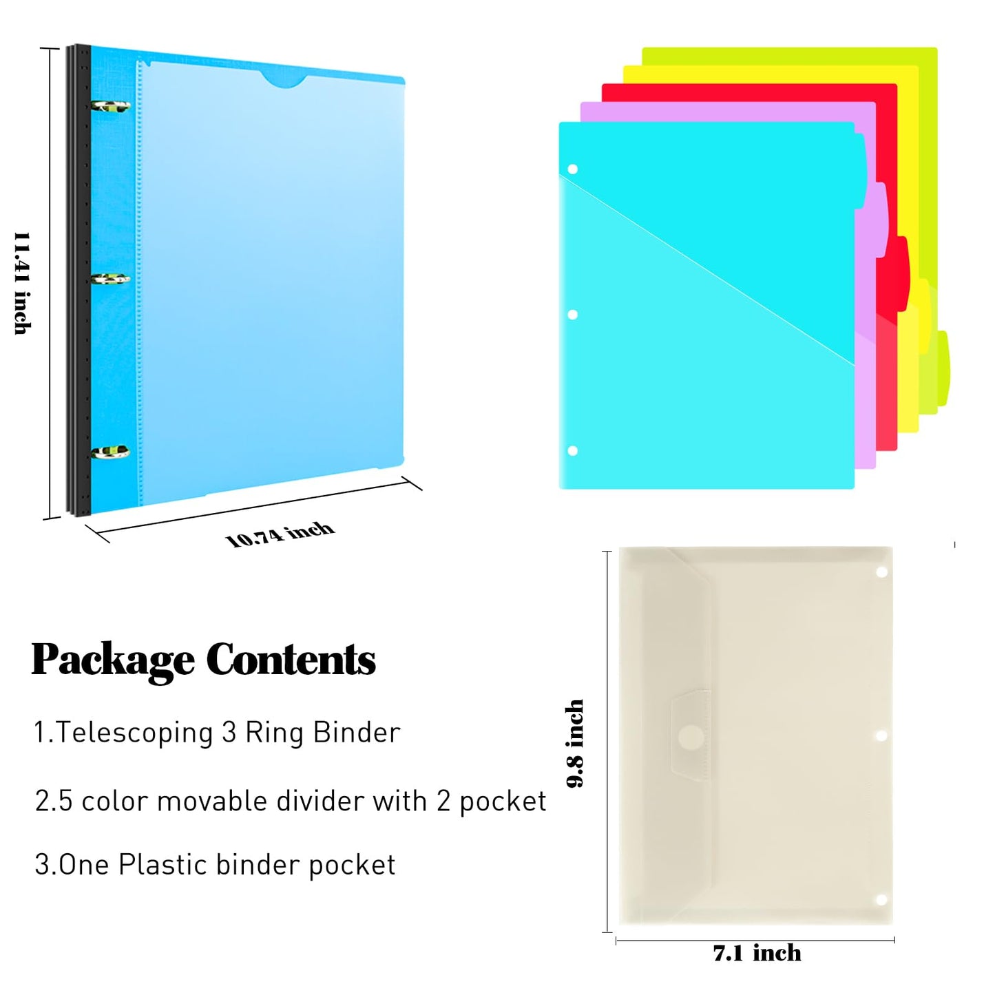 INFUN 1 Inch 3-Ring Telescoping Project Organizer Binder,13 Pocket, Customizable Front Cover, 5 Colors Pocket Divider and Plastic Binder Pocket，225 Sheet Capacity-Blue
