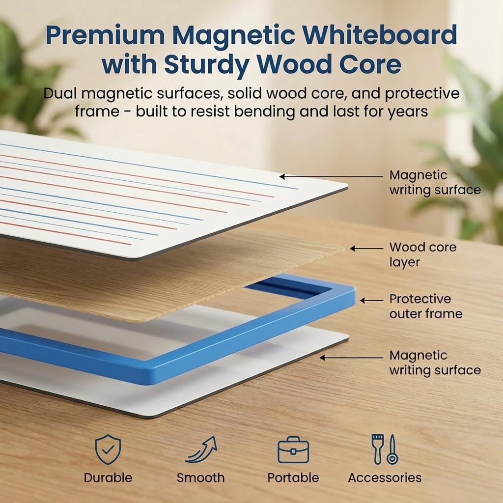 Magnetic Dry Erase Boards 6 Pack for Kids, Double Sided Small Whiteboard Lap Boards 9x12, Lined & Blank Magnetic White Boards for Classroom, Homeschool, Students & Teachers