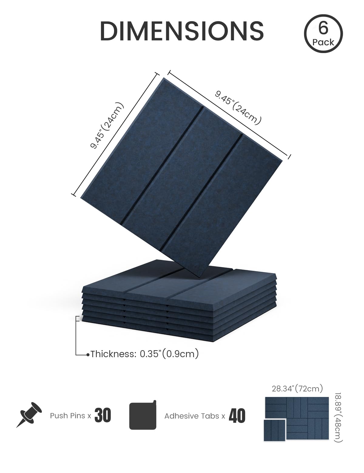 Felt Bulletin Board Tiles -28"x18" with 40 Adhesive Tabs, Cork Board Alternative for Office Decor, Push Pin Board Wall Organizer 6-Pack(Navy Blue)