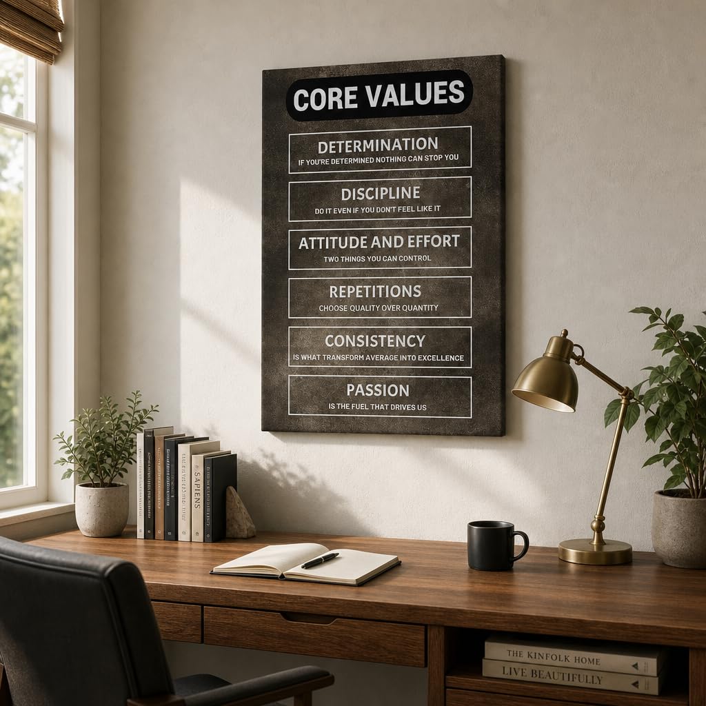 Inspirational Wall Decor Canvas - Modern Entrepreneur Art for Business Motivation, Premium Office Poster with Core Values Design, Wooden Framed Picture for Home Workspace or Team Room, 24x18 Inch