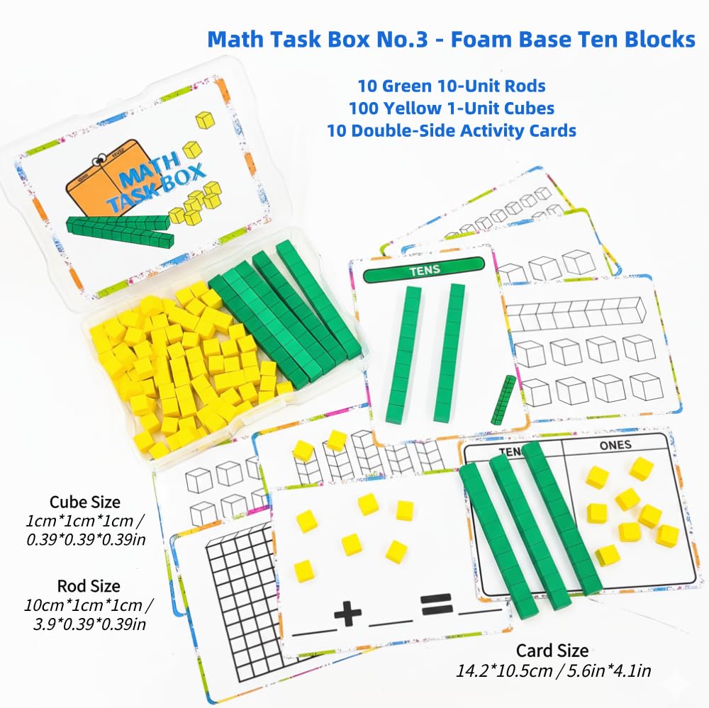 Math Task Boxes Set of 5 Math Manipulatives Themes 230+ Pieces of Number Rods, Base Ten Blocks, Ten Frame Disc Counters, Place Value Blocks, 0-9 Numbers, 3D Shapes, Counting Blocks Activity Cards