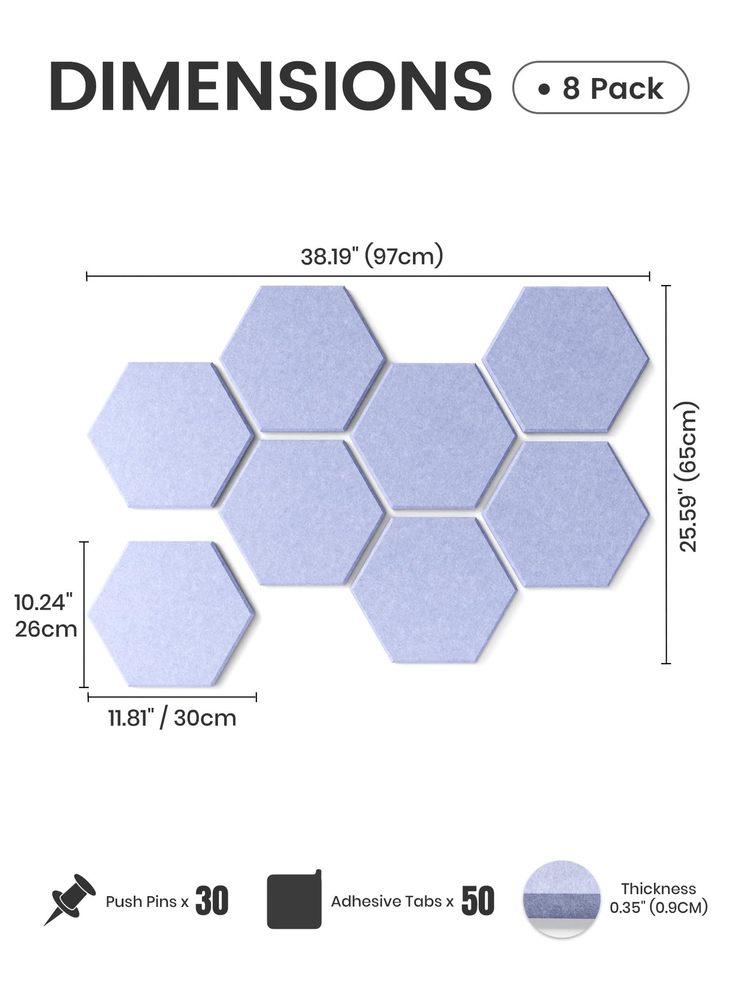 Fluxynara Hexagon Cork Board Alternative for Walls Decor-8-Pack Felt Bulletin Board Tiles,with 30 Pushpins,50 Adhesive Tabs for Office,Classrooms & Home Pin Board Felt Board-Soft Periwinkle