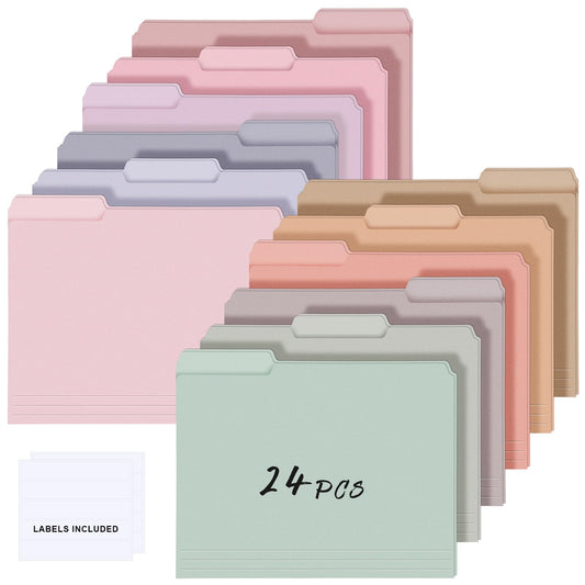 Resholder 24 Pcs File Folders 9.5x11.6 Inch Manilla Folders Letter Size with 1/3 Cut Tabs 12 Colored Office Home School Organizers for Documents, Classroom Supplies and Paper Storage (Sweet Color)