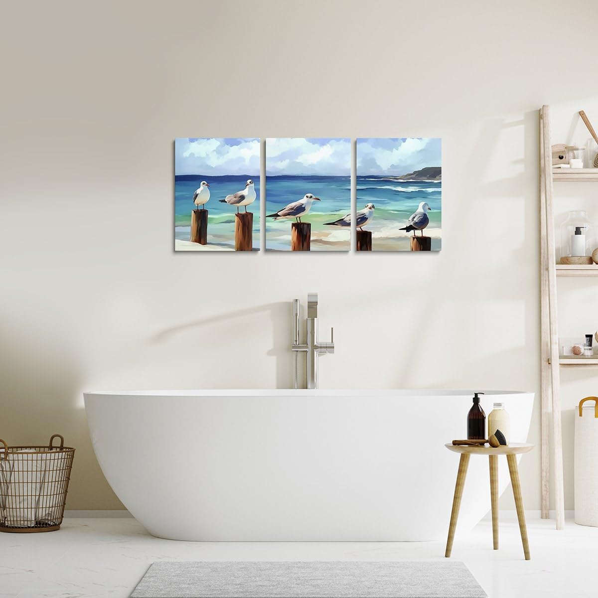 jejeloiu Seagull Blue Canvas Wall Art for Living Room Bedroom 12"x16"x3pcs Ocean Bird Picture Wall Decor for Bathroom Coastal Beach Office Decorations Artwork Posters Marine Life Sea Painting