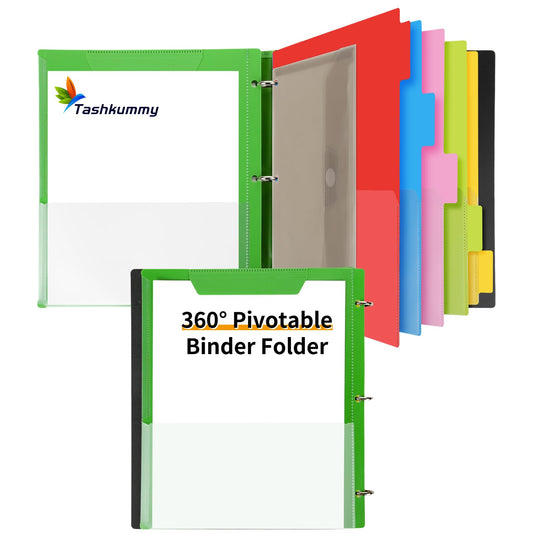 Tashkummy 360 Pivotable Project Organizer, 3 Ring Binder with Colored Tab Dividers and Pockets, Customizable Front Cover Multi Pocket Folder for Home, School, Office - Green