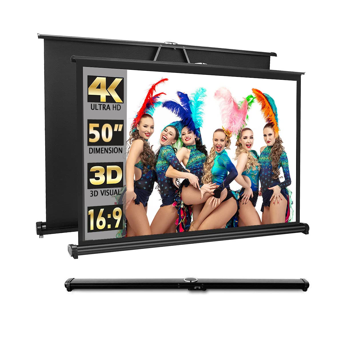 New Portable Mobile 50 Inch Projector Screen Pull Down, 16:9 Projector Screen Retractable Tabletop Screen Tripod Stand for Home Theater Meeting Room, School Indoor Outdoor Ceiling Wall Mount Upgrade