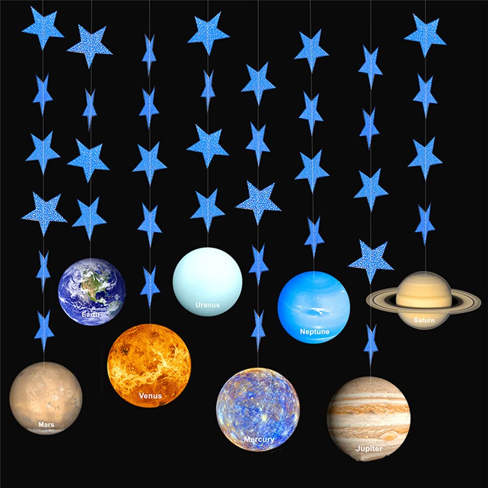 Galaxy Solar System Hanging Paper Decoration (8 Strings X 4.3ft), Outer Space Paper Garland Flower Party Streamers, Plant with Blue Star Hanging for Kids Bedroom Decor，Birthday PartySupplies