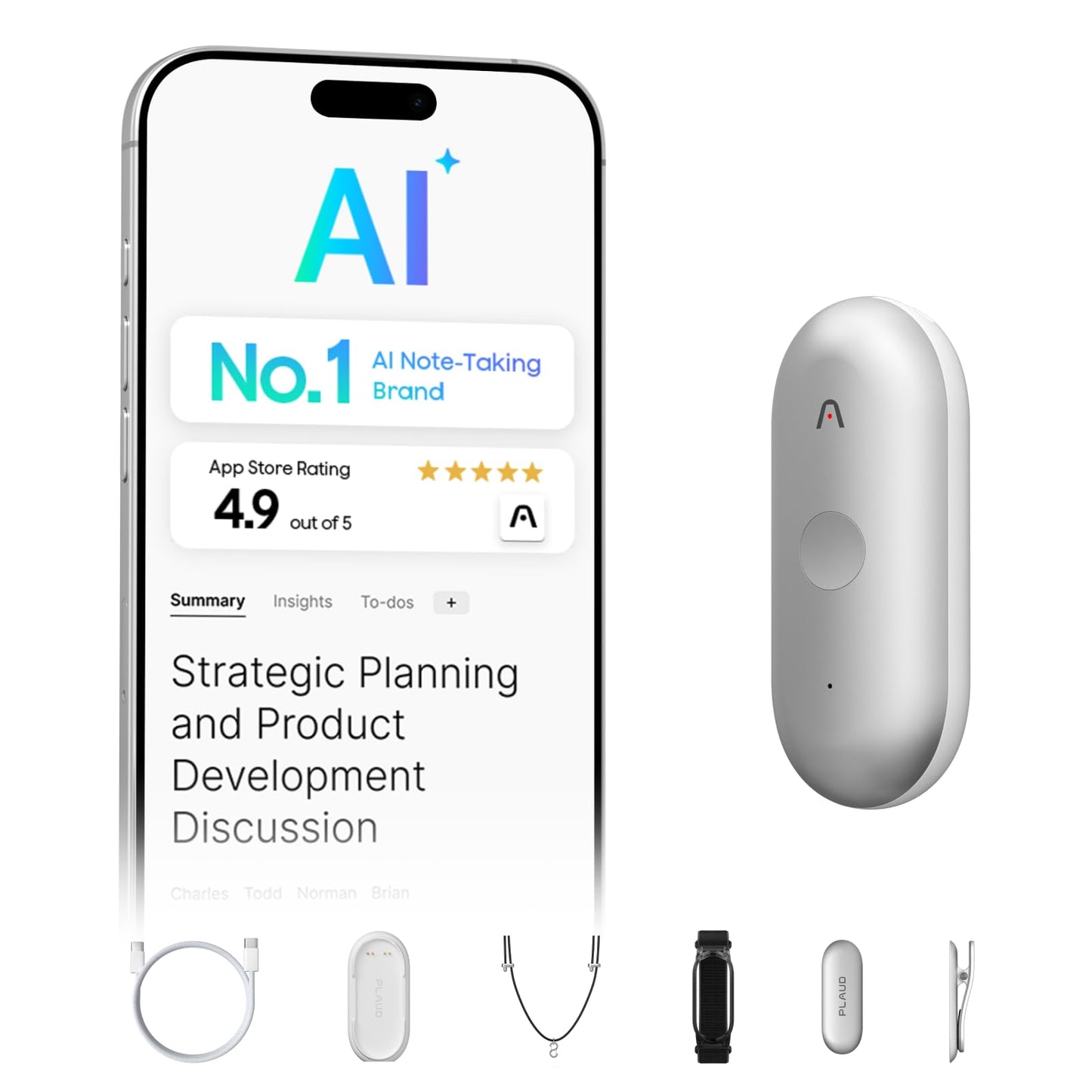 Plaud NotePin S AI Voice Recorder, Wearable AI Notetaker, AI Transcribe & Summarize, Support 112 Languages, 64GB Audio Recorder for Meetings Interviews, Professionals, Teams, with 4 Accessories