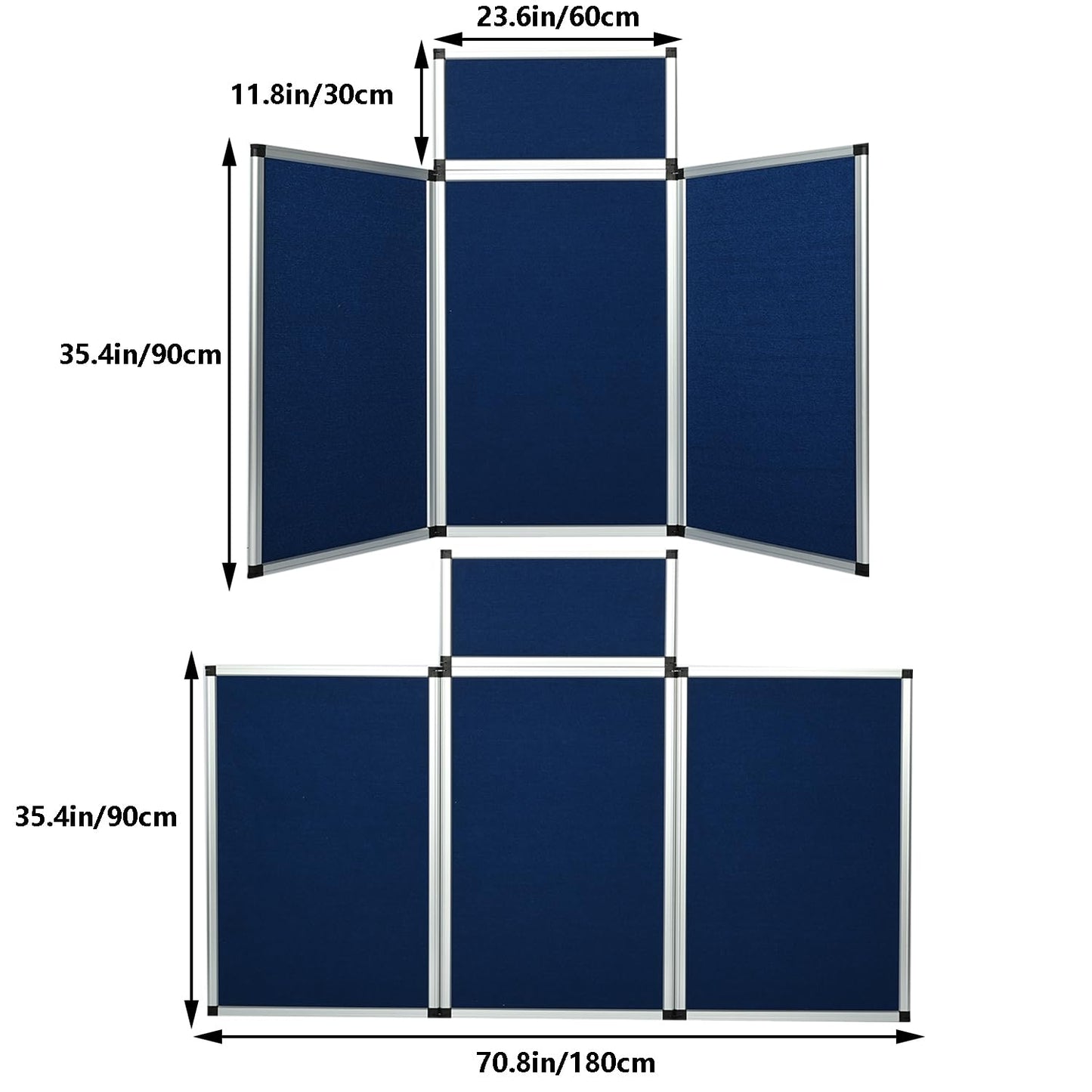 ISXACFF 3+1 Panel Trade Show Presentation Board 70.8“ x 35.4” Blue Trifold Poster Board Folding Exhibition Display Boards Double Sided Tabletop Display with Storage Bag Hook & Loop-Receptive Fabric