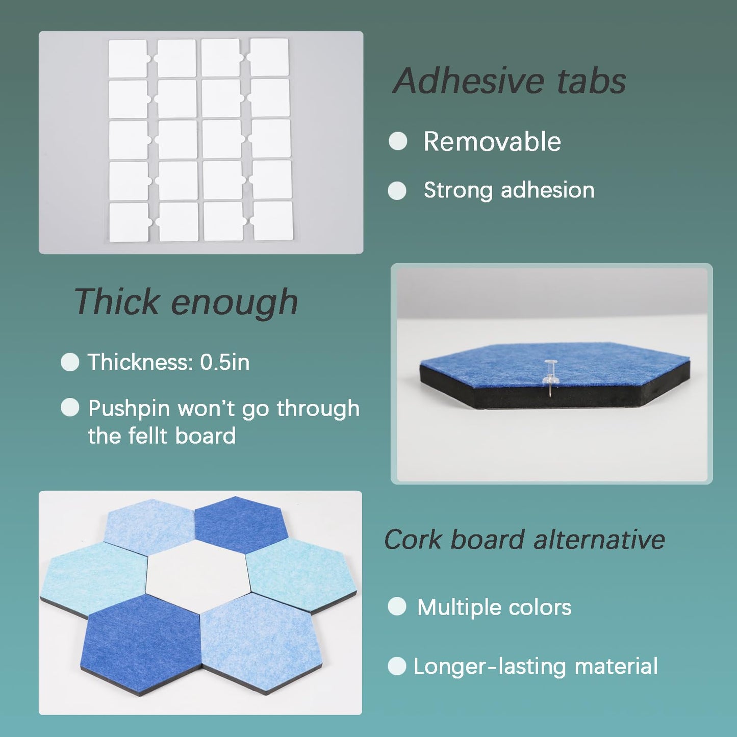 Afumazi Felt Bulletin Board Tiles, 8 Pcs Hexagon Wall Tiles with Removable Adhesive, 7.9×6.9 Inch Cork Pin Board for Classroom, Home, Office (Set E, Middle)