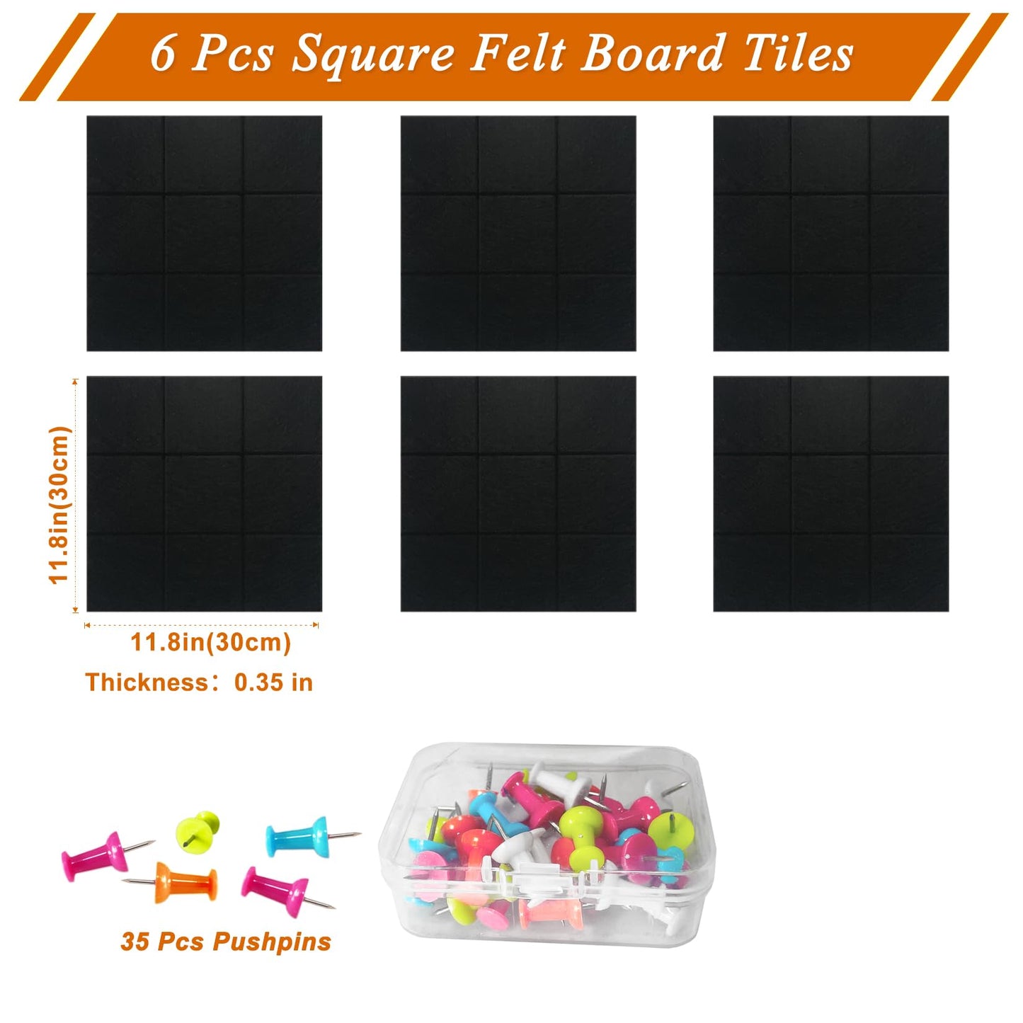 HULAVO Large Square Felt Cork Board Tiles, Self Adhesive DIY Felt Bulletin Board Pin Board with 35 Pushpins for Office School Home Wall Decor Stickers Memos Photos Display (Black)